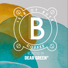 Load image into Gallery viewer, Isle of Bute Coffee logo with abstract design on a blue and green background